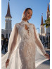 Beaded Ivory Lace Tulle Wedding Dress With Cape